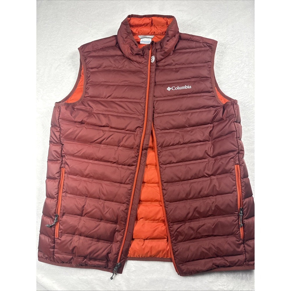 Columbia Mens Large 650 Fill Feather Down Insulated Vest Red Orange Quilted EUC